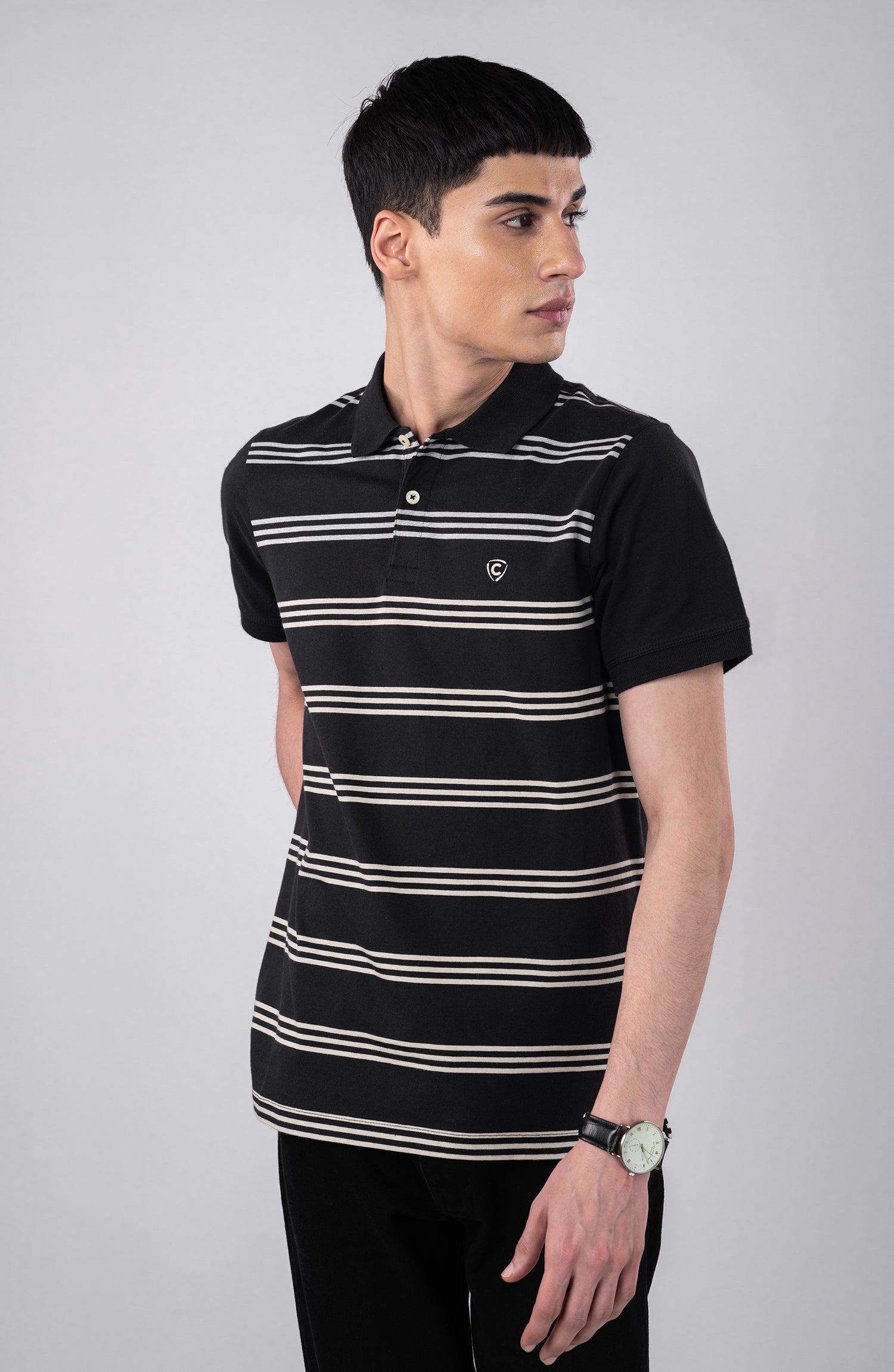 Black Polo Shirt With Grey Stripes – Cambridge Shop