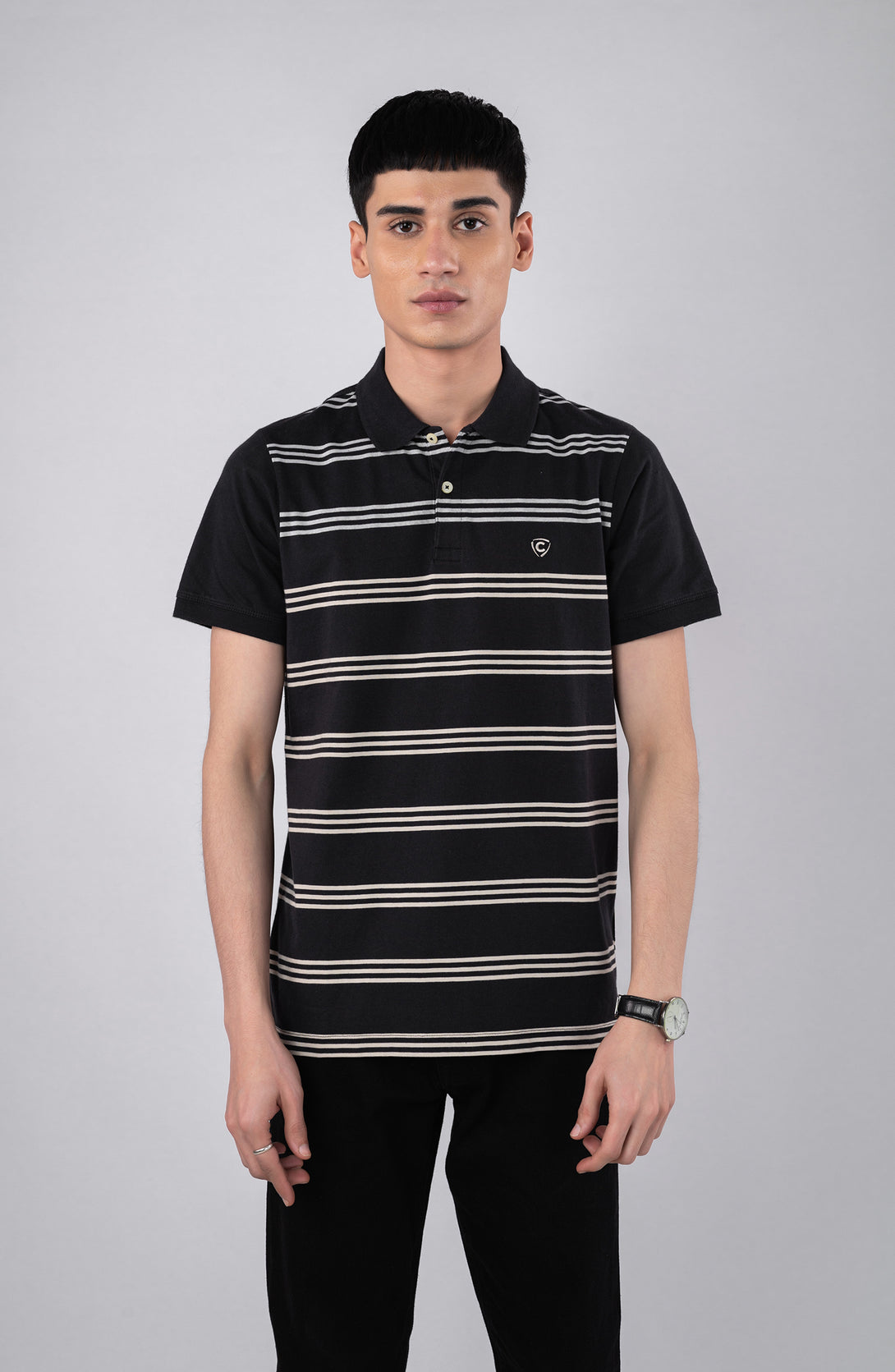Black Polo Shirt With Grey Stripes – Cambridge Shop