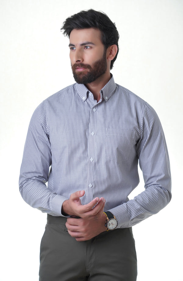 Grey/White Full Sleeves Cotton Shirt