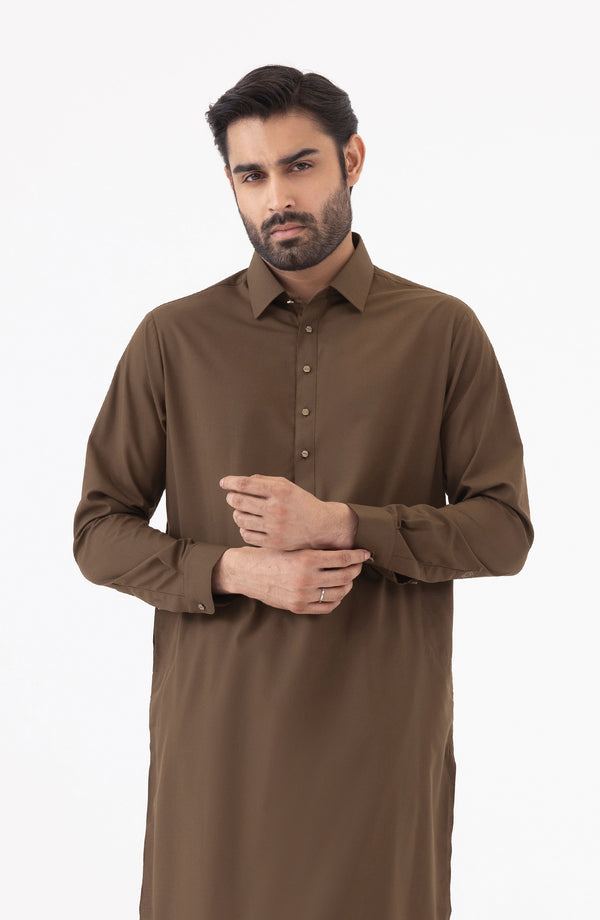 Basic Fancy Shirt Collar Shalwar Suit - Brown
