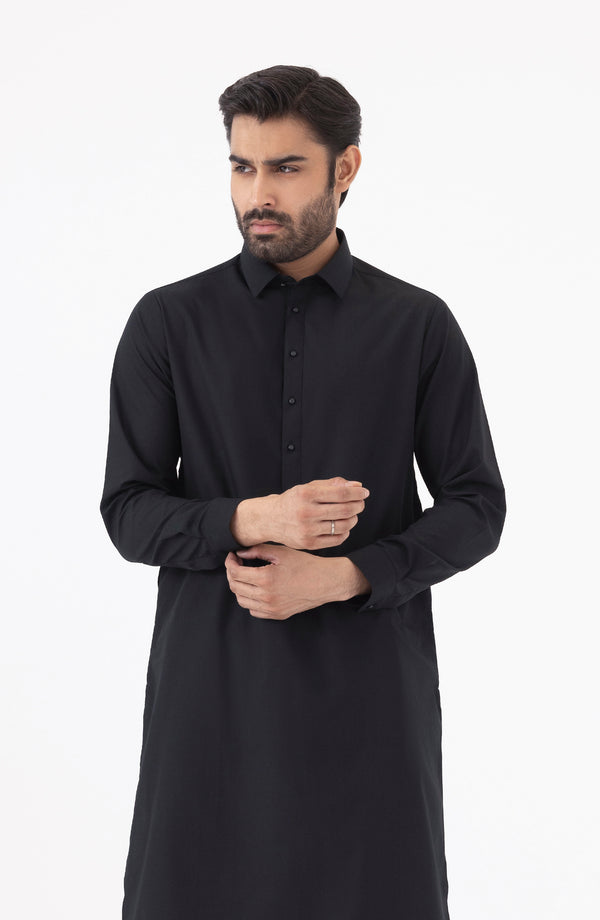 Basic Fancy Shirt Collar Shalwar Suit - Black