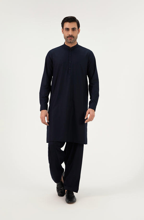 Basic Fancy Band Collar Shalwar Suit - Navy Blue