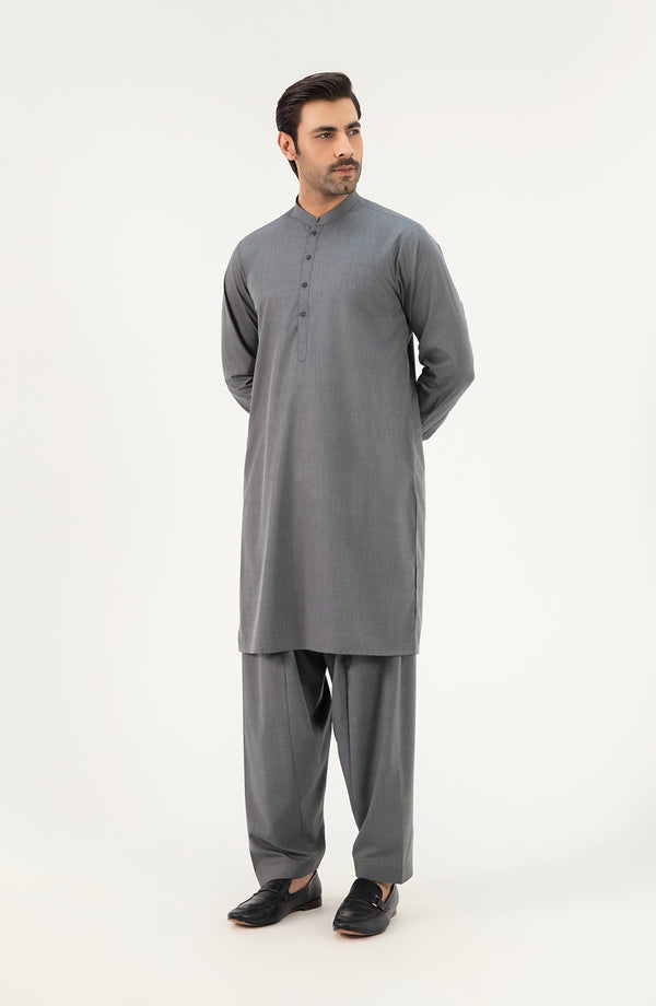 Basic Fancy Band Collar Shalwar Suit - Charcoal