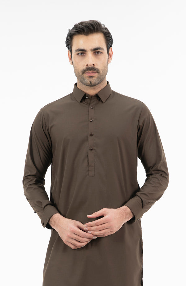 Basic Fancy Shirt Collar Shalwar Suit - Dark Brown