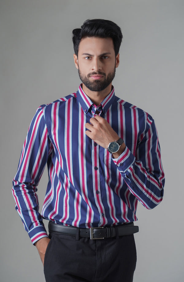 Navy/Red Full Sleeves Cotton Shirt