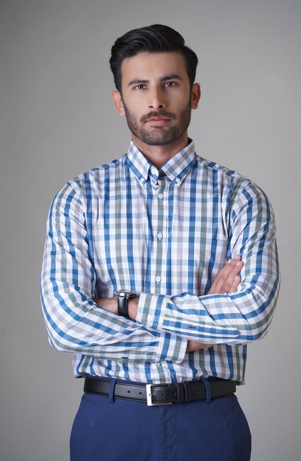White/Blue Full Sleeves Cotton Shirt