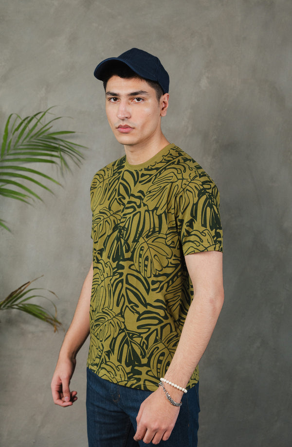 Olive All Over Printed Tee Shirt