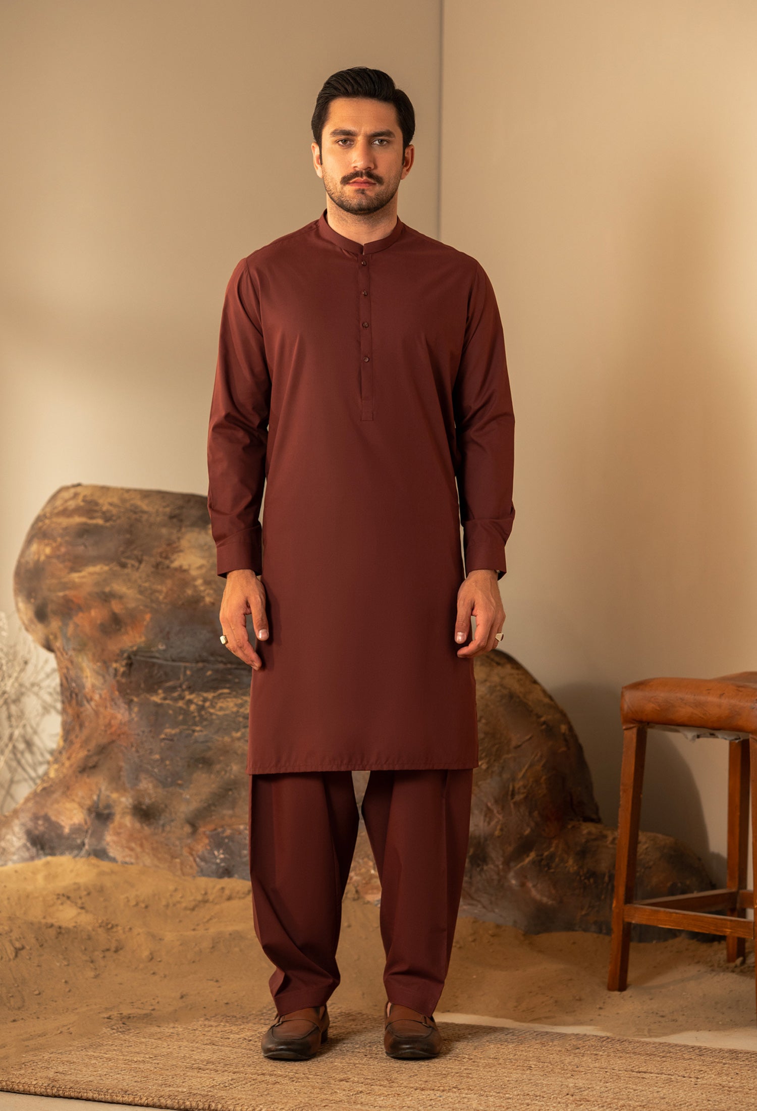 Basic Fancy Band Collar Shalwar Suit - Burgundy