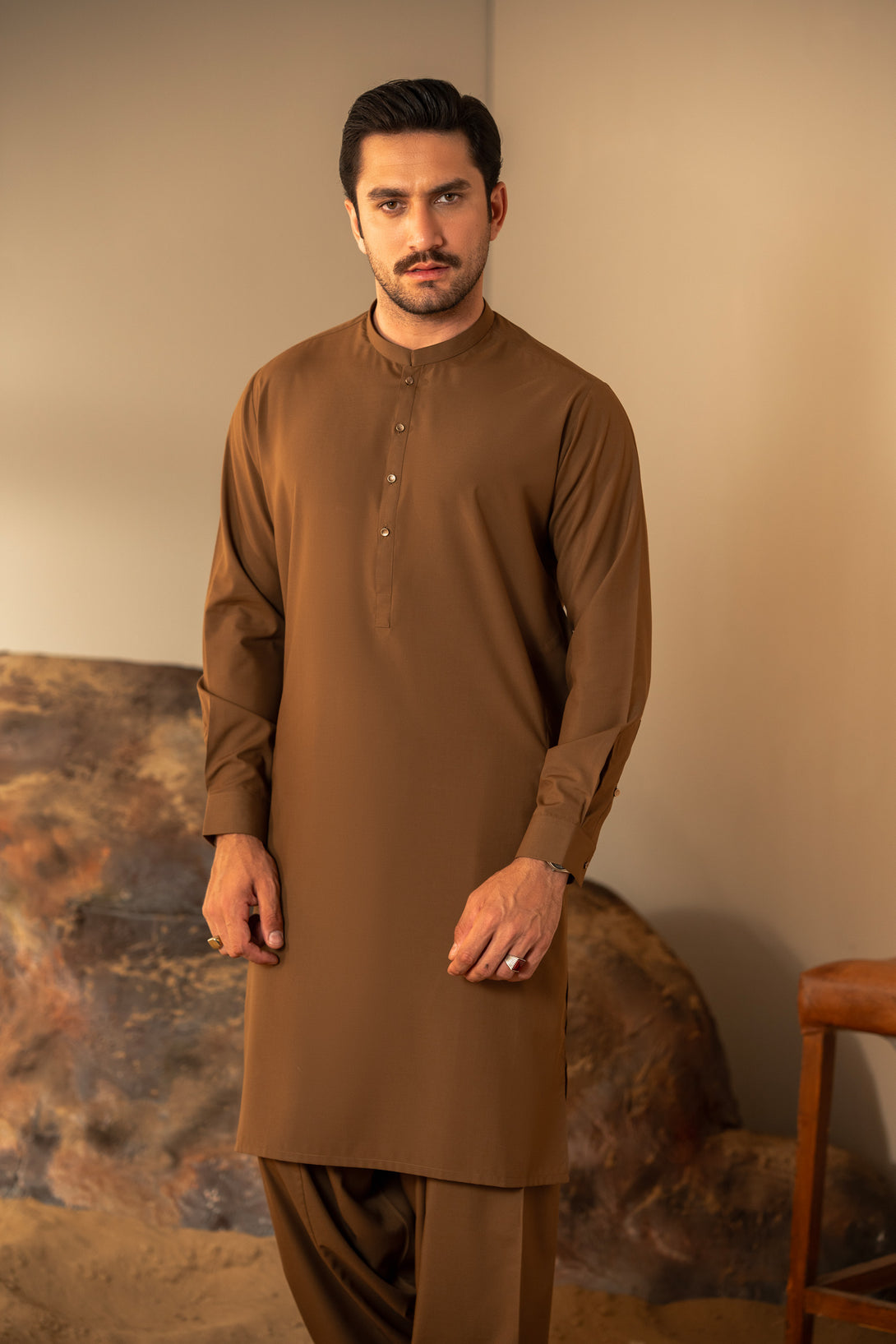Basic Fancy Band Collar Shalwar Suit - Light Brown