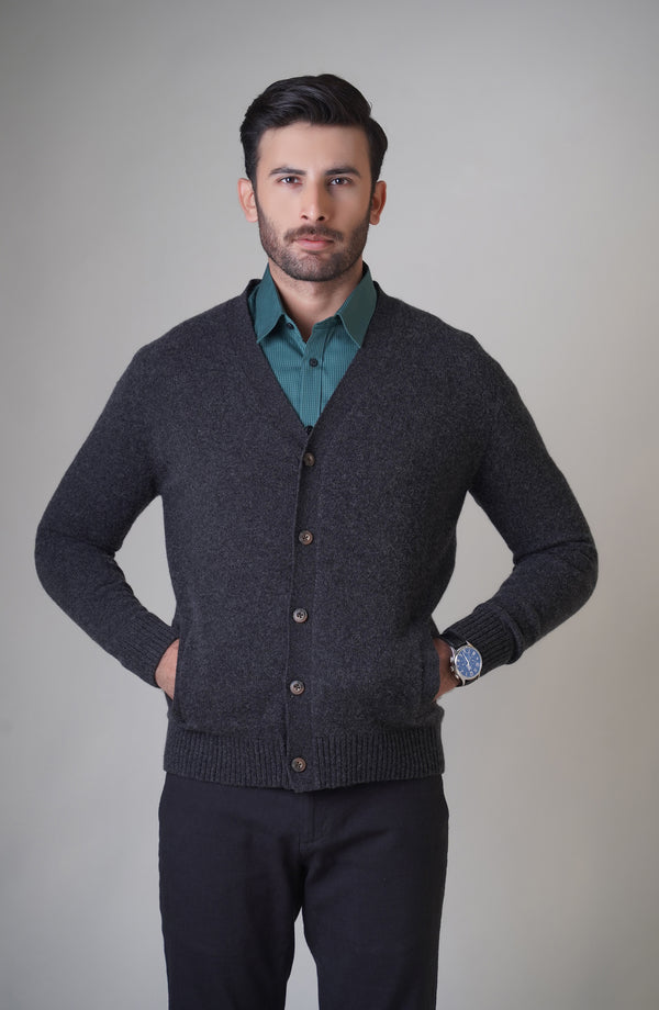 Lambs Wool Full Sleeves Button Cardigan with Cross Pockets