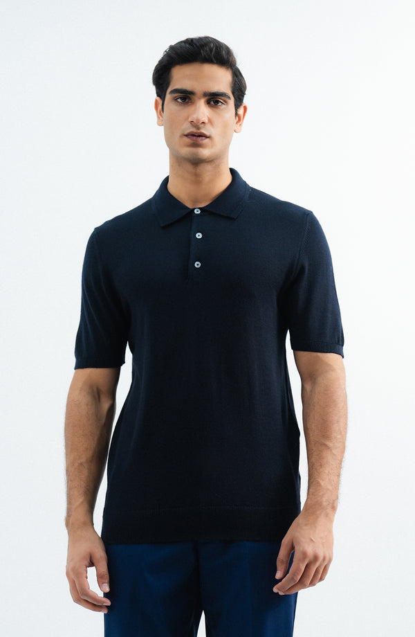 Wool Blend Polo - Navy