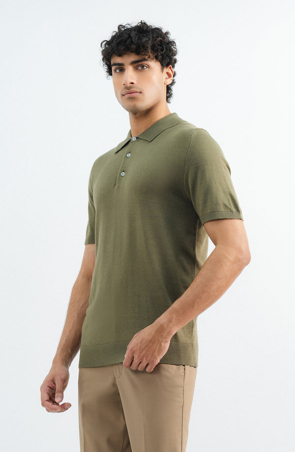 Wool Blend Polo - Olive