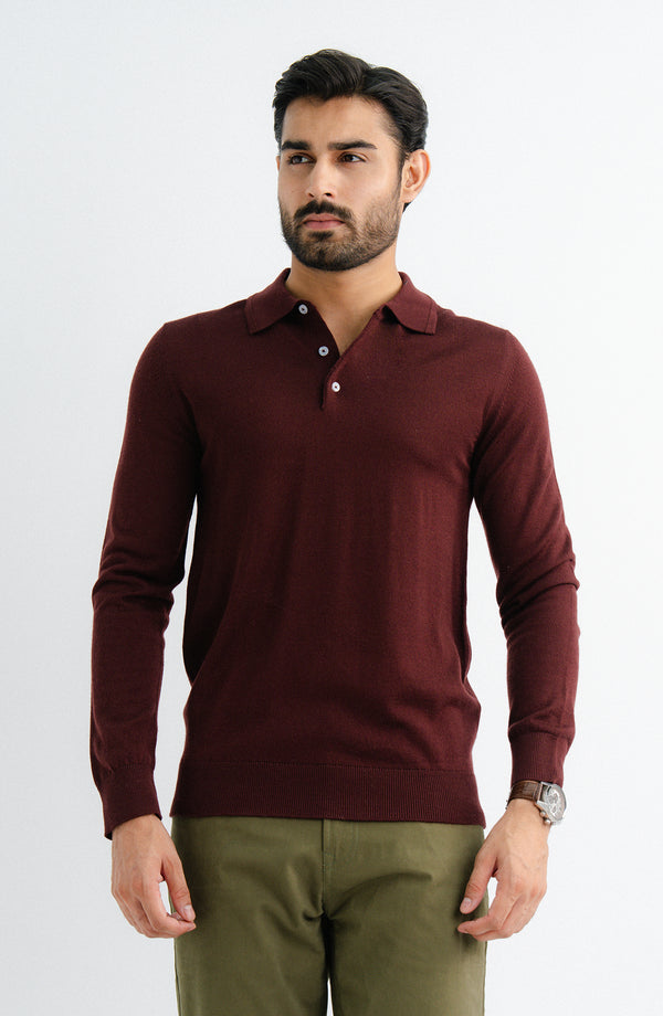 Wool Blend Polo Sweater - F/S - Burgundy