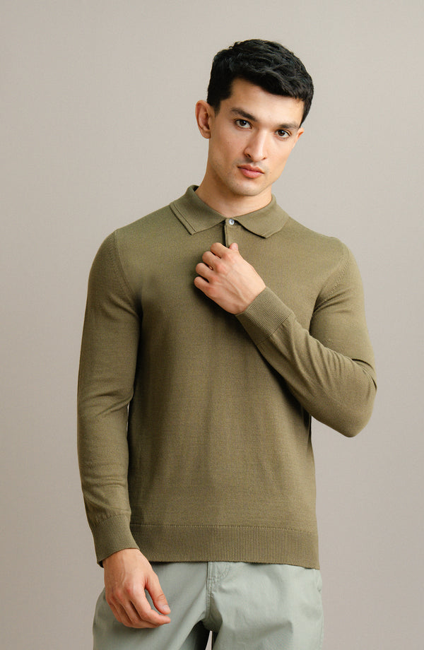 Wool Blend Polo Sweater - F/S - Olive