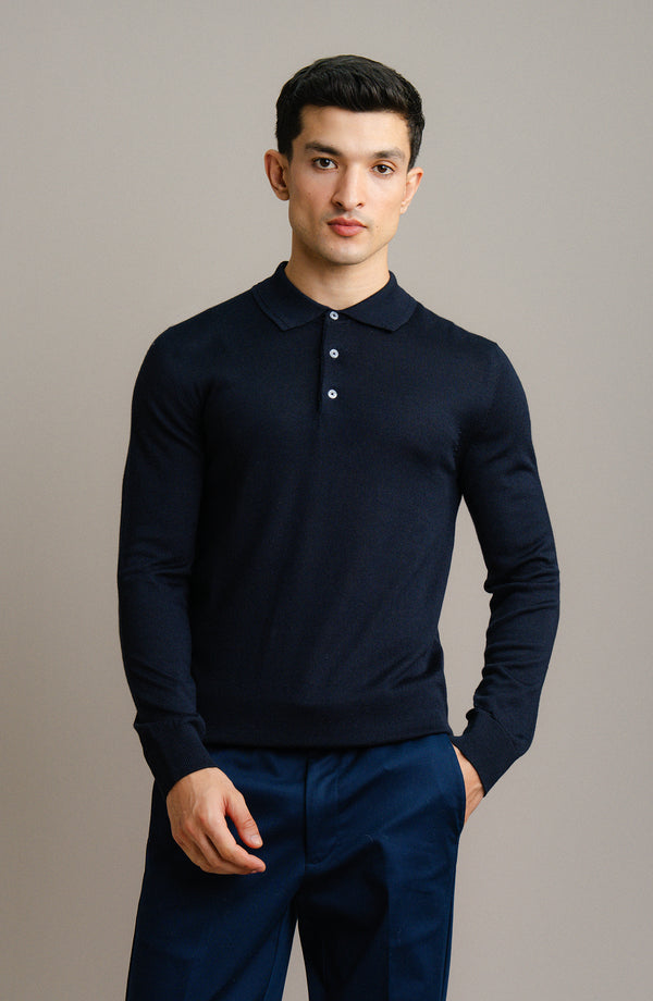 Wool Blend Polo Sweater - F/S - Navy Blue