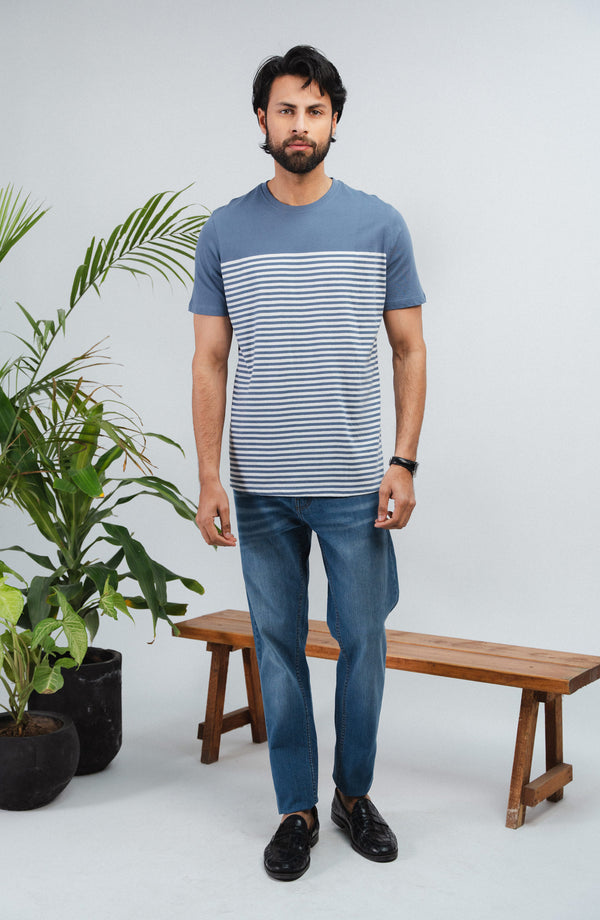 Crew Neck T-Shirt - Ash-Blue/White