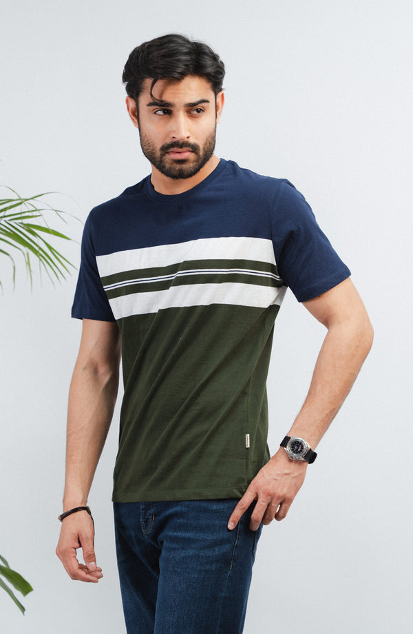 Crew Neck T-Shirt - Navy/Green