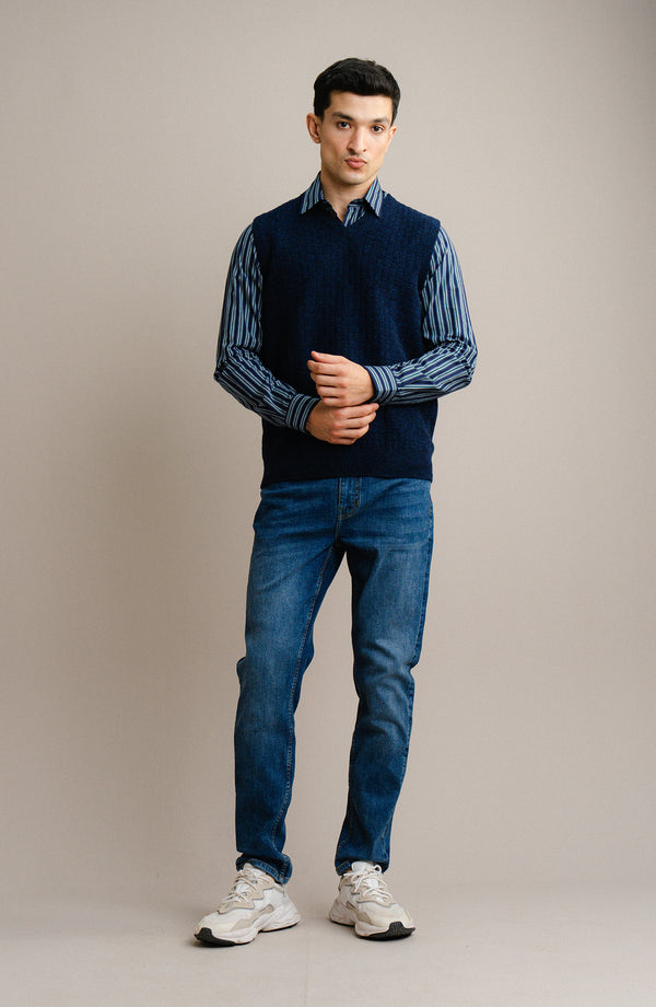 Lambs Wool V-Neck-Sleeve Less - Navy Blue