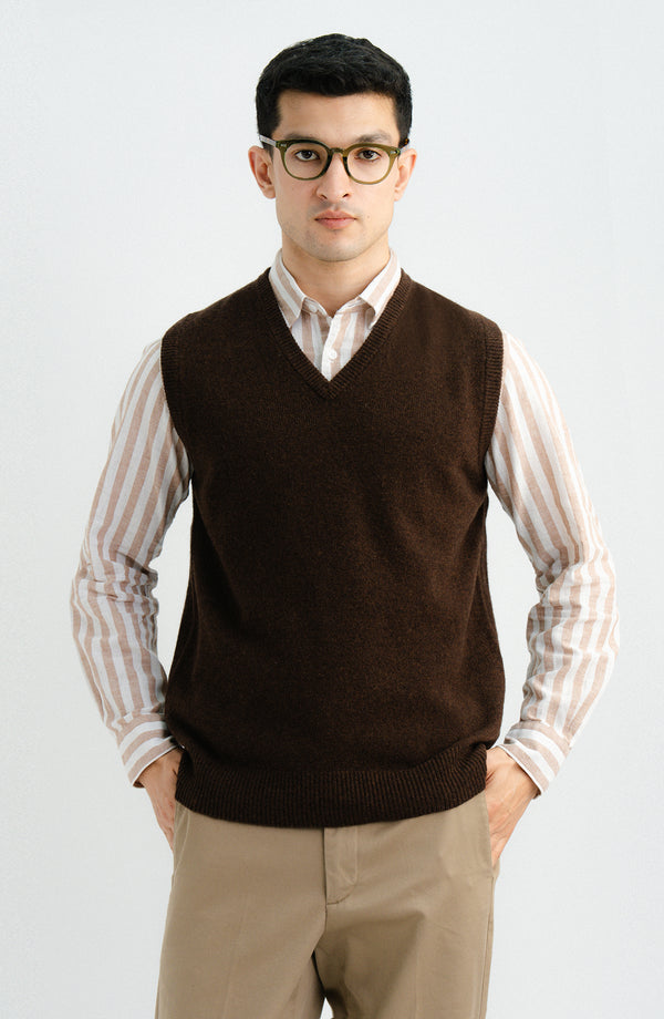 V-Neck Plain Sweater Sleeve-Less - Brown