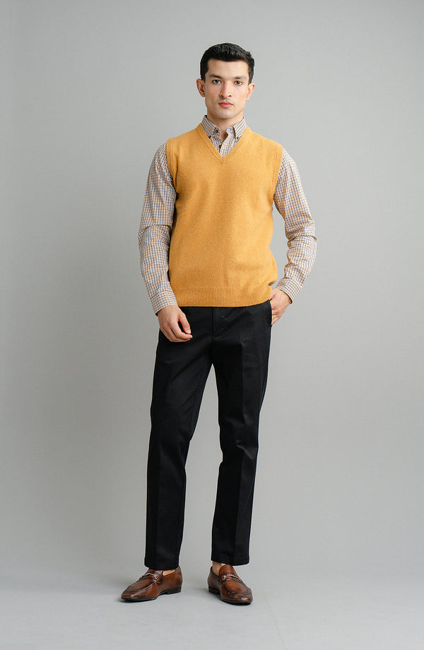 V-Neck Plain Sweater Sleeve-Less - Mustard