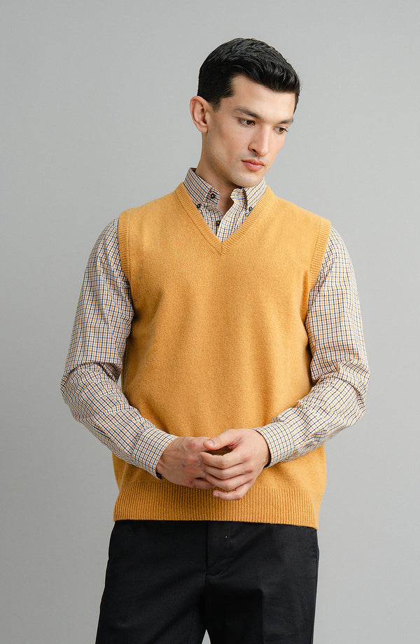 V-Neck Plain Sweater Sleeve-Less - Mustard