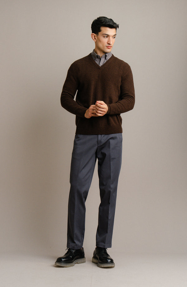 V-Neck Plain Sweater-F/S-Brown