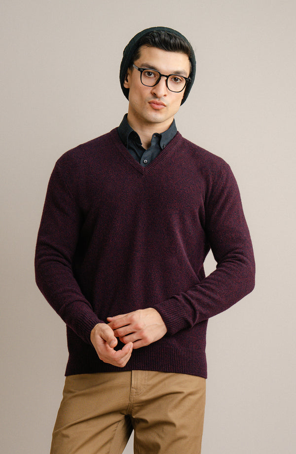 V-Neck Plain Sweater-F/S-Burgundy