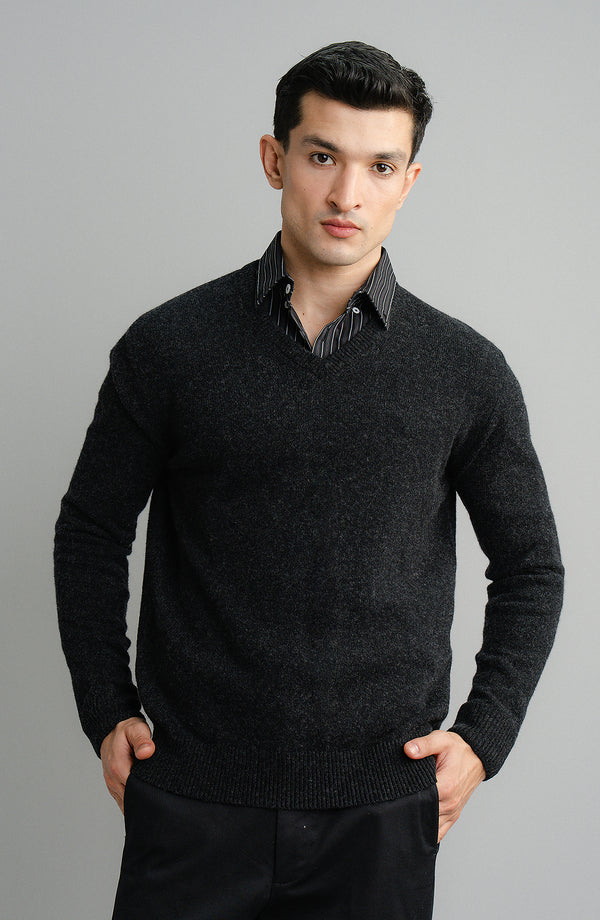 V-Neck Plain Sweater-F/S-Charcoal