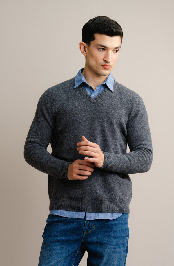 V-Neck Plain Sweater-F/S-Grey