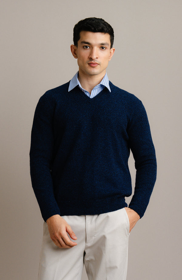 V-Neck Plain Sweater-F/S-Navy Blue