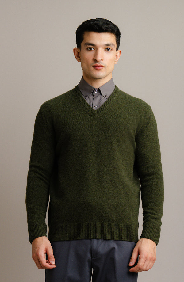 V-Neck Plain Sweater-F/S-Olive