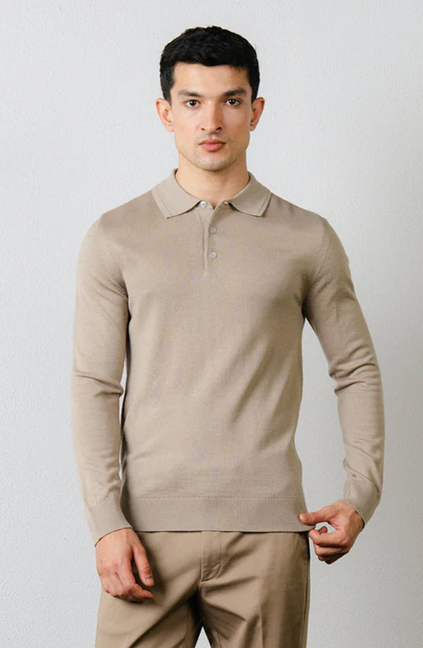 Wool Blend Polo Sweater - F/S - Light Brown