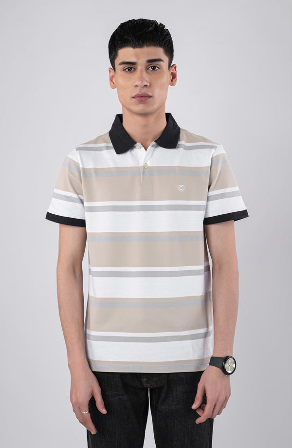 Beige Polo Shirt With White Stripes