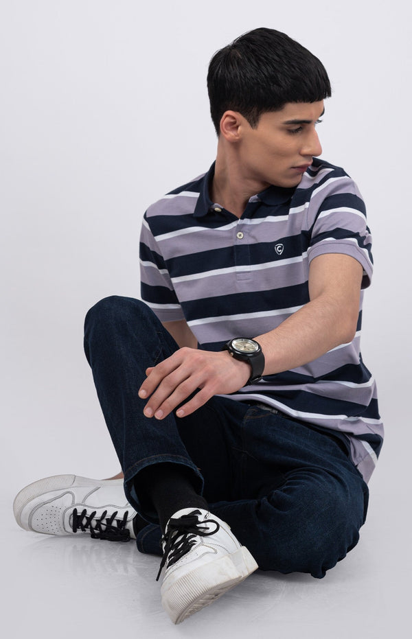 Navy Polo Shirt With Purple Stripes