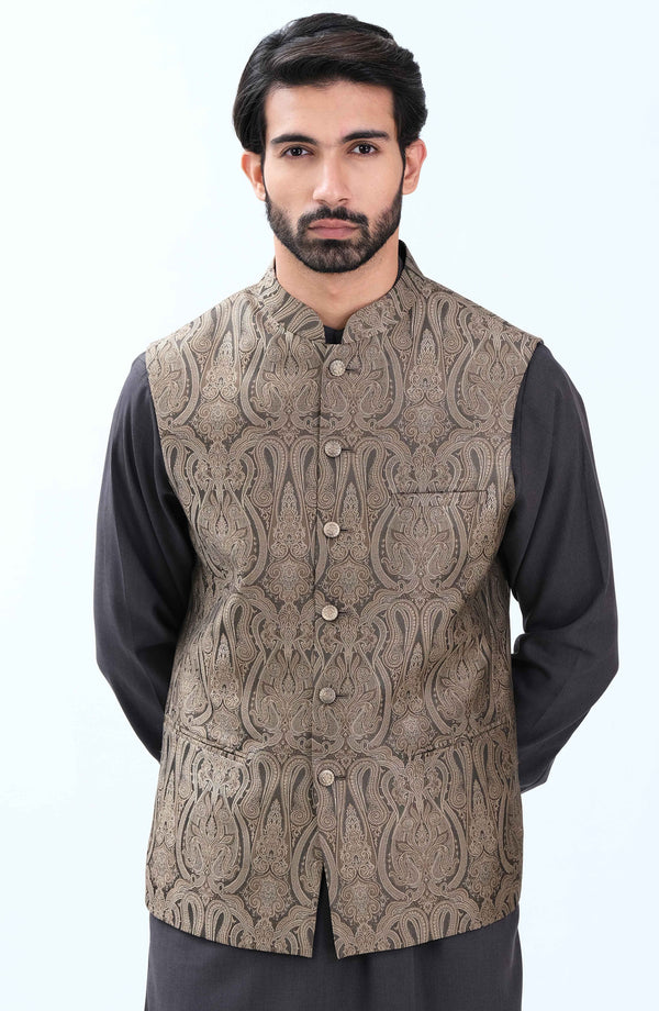 Brown Jamawar Waistcoat