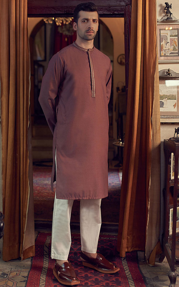 BLENDED EMBROIDERED KURTA -RUST BROWN (4694735454294)